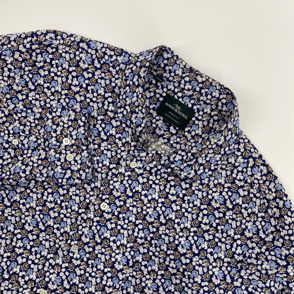 Rodd & Gunn Shirt Mens Extra Large Blue Floral Rose Sports Fit Italian Fabric XL